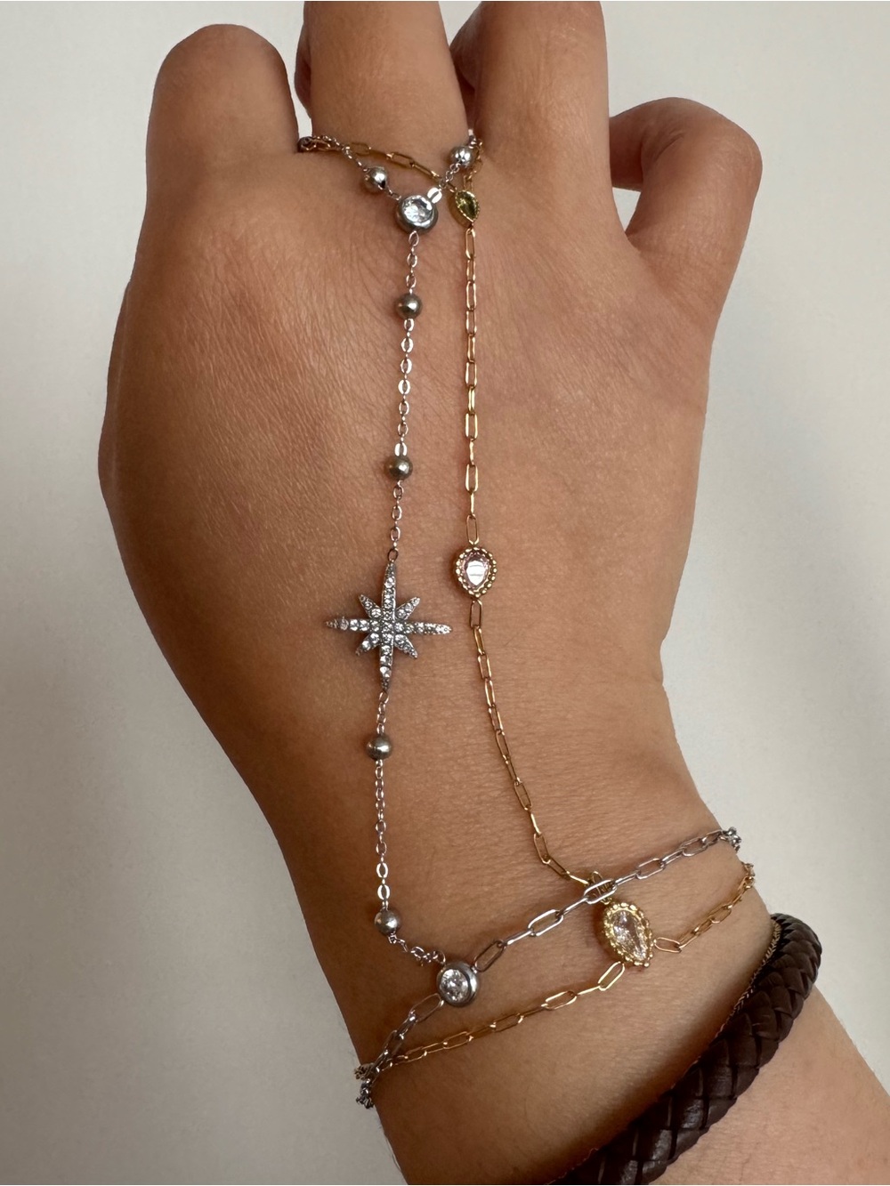 Set of 2 Hand Chains: Silver & Gold Tone with CZ stones 6-8” Adjustable